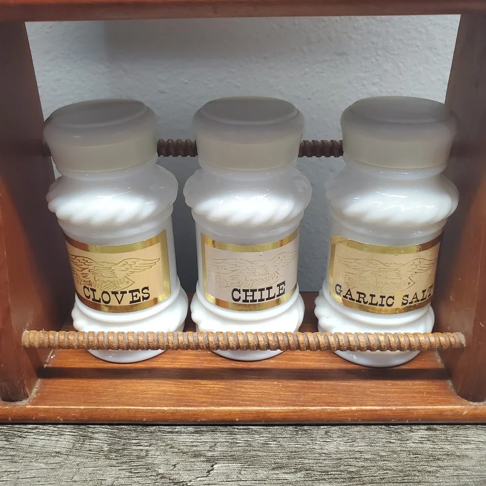 Vintage Double Tiered Wooden Spice Rack W/ 6 Milk Glass Spice Jars Farmhouse